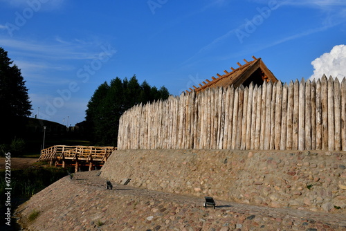 A close up on an old borough or village surrounded by a wooden palisade made out of logs, planks, and boards and a small moat below the hill seen on a sunny summer day next to some forests and moors