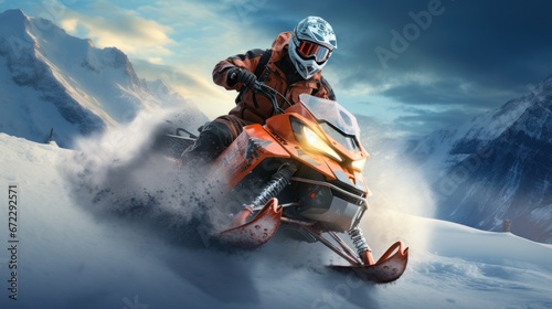 Man riding a snowmobile in the mountains.