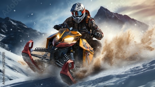 Man riding a snowmobile in the mountains.