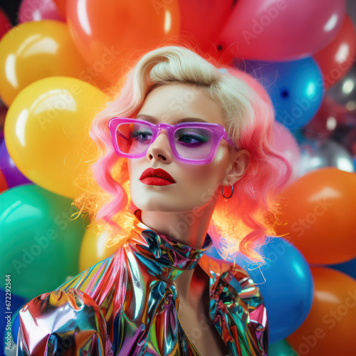 This image captures a striking model channeling a vibrant retro-futuristic look, complete with oversized pink glasses and metallic apparel