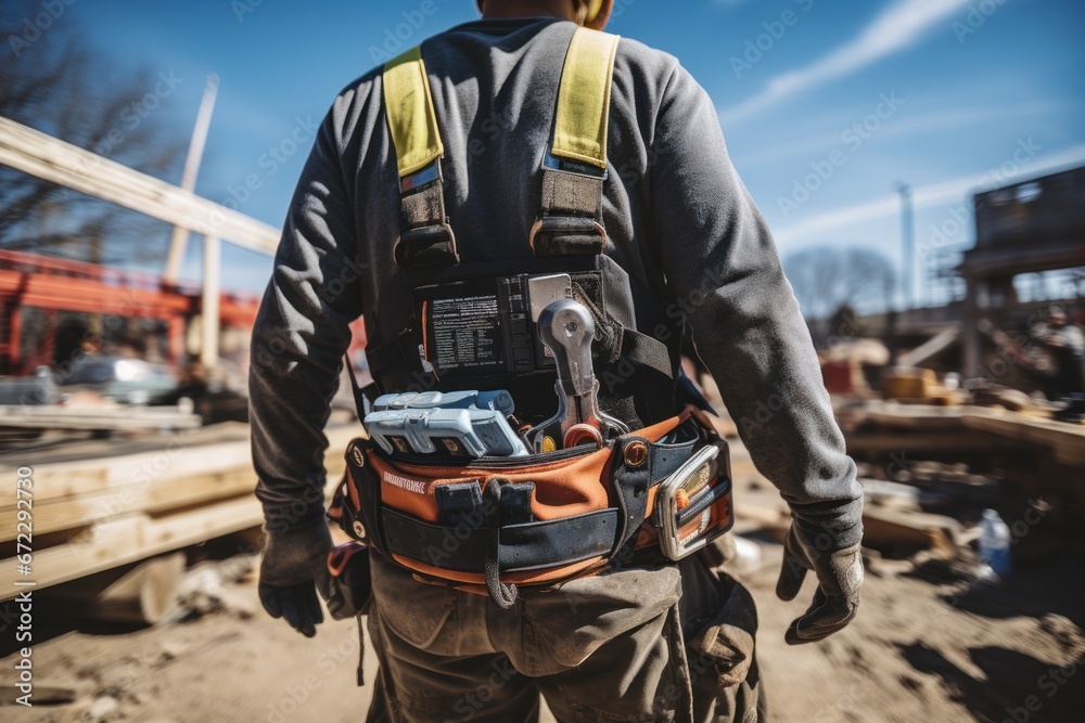 Middle part of worker wearing tool belt at construction site Middle part of worker wearing tool belt at construction site