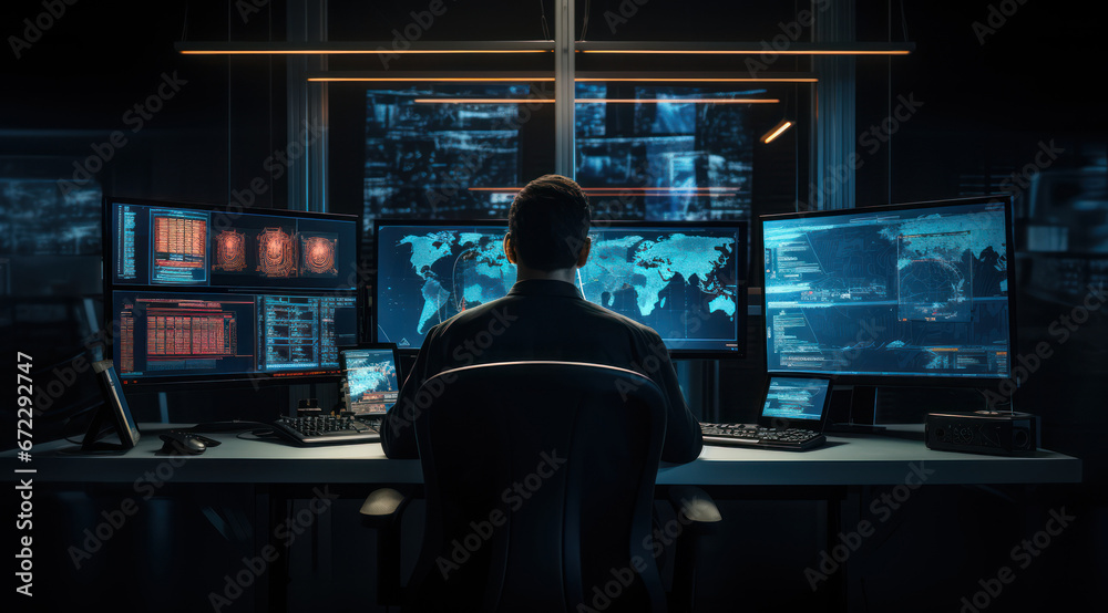 The image shows a person from behind, sitting in front of a sophisticated multi-monitor setup in a dark room The image shows a person from behind, sitting in front of a sophisticated multi-monitor setup in a dark room