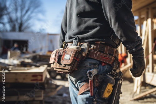 Middle part of worker wearing tool belt at construction site