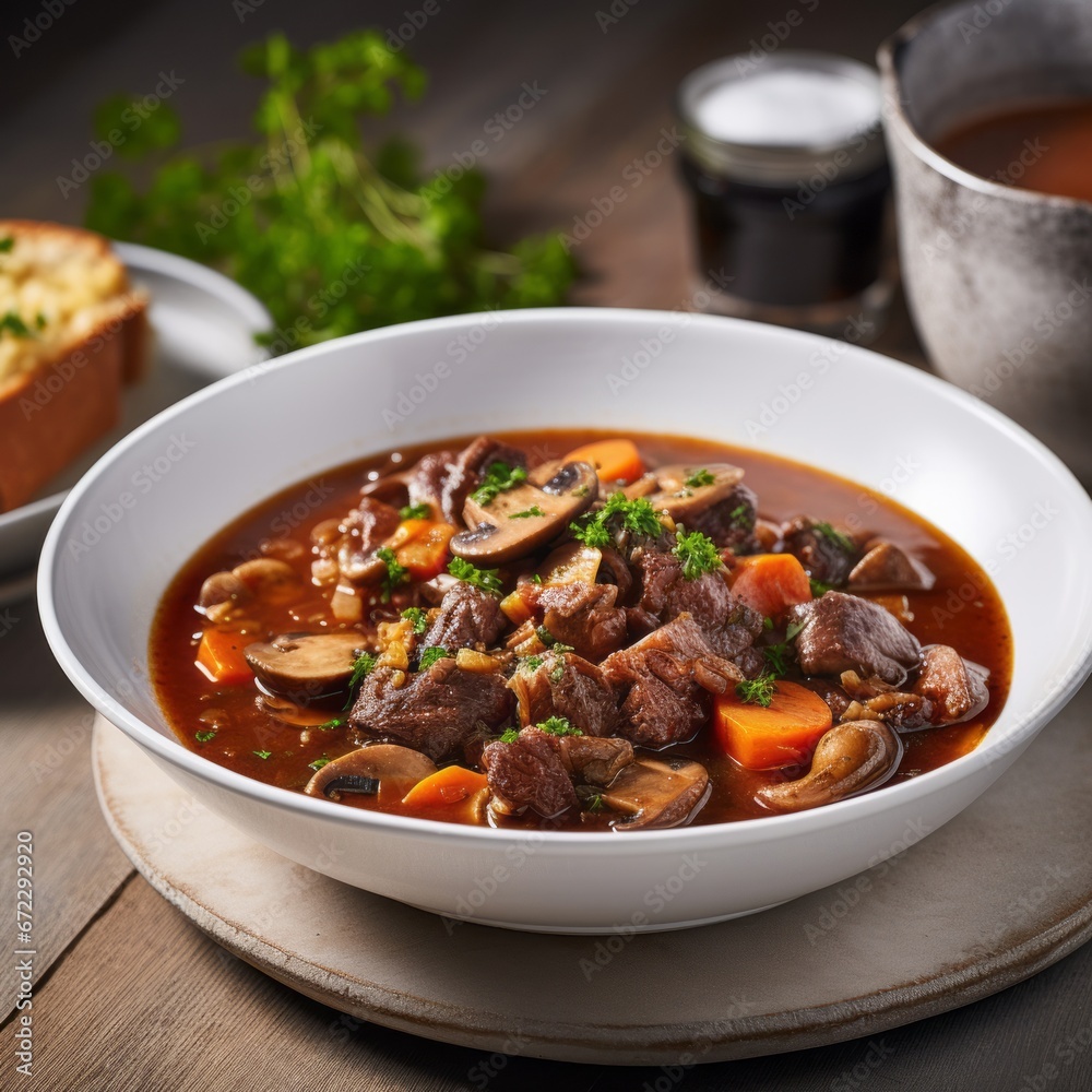 Warm beef bourguignon in bowl Warm beef bourguignon in bowl