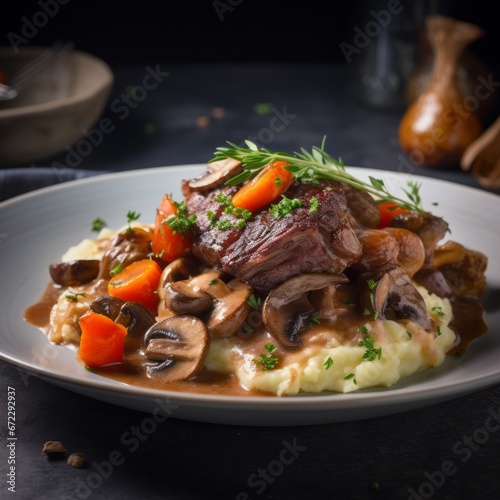 Warm beef bourguignon with mashed potatoes