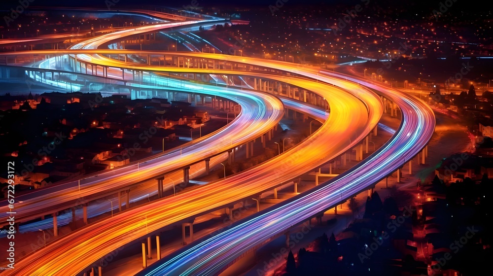 Naklejka premium Overlooking a bustling highway, data streams visibly flow above it, represented by glowing lines of light that signify the movement of communications