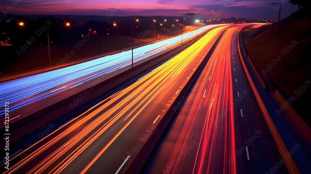 Overlooking a bustling highway, data streams visibly flow above it, represented by glowing lines of light that signify the movement of communications Overlooking a bustling highway, data streams visibly flow above it, represented by glowing lines of light that signify the movement of communications