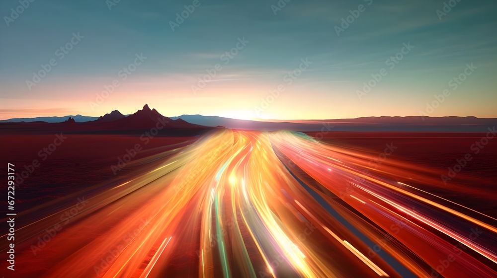 Overlooking a bustling highway, data streams visibly flow above it, represented by glowing lines of light that signify the movement of communications Overlooking a bustling highway, data streams visibly flow above it, represented by glowing lines of light that signify the movement of communications