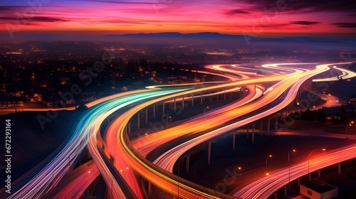 Overlooking a bustling highway  data streams visibly flow above it  represented by glowing lines of light that signify the movement of communications