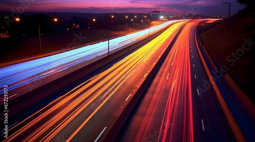 Overlooking a bustling highway, data streams visibly flow above it, represented by glowing lines of light that signify the movement of communications