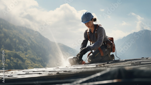Female Construction Worker On roof photo