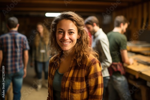 Portrait of smiling female teacher wearing plaid shirt with students