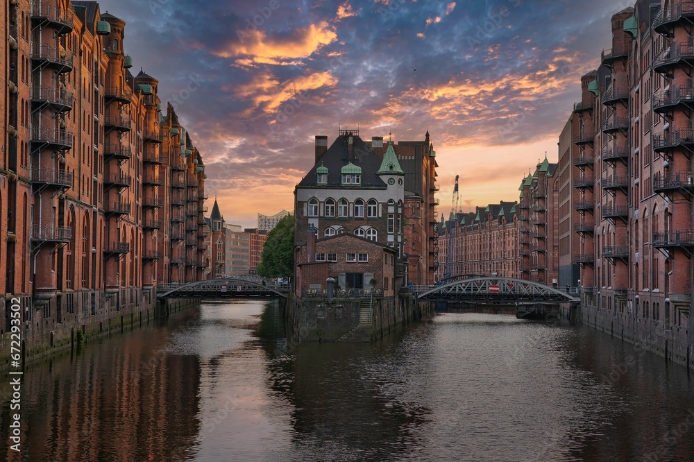Iconic Speicherstadt warehouse district in Hamburg, Germany, at sunset