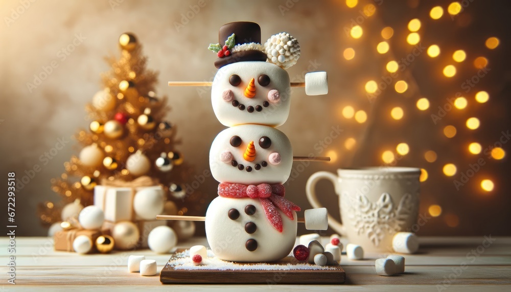 Charming marshmallow snowmen delicately adorned with chocolate and candy details.