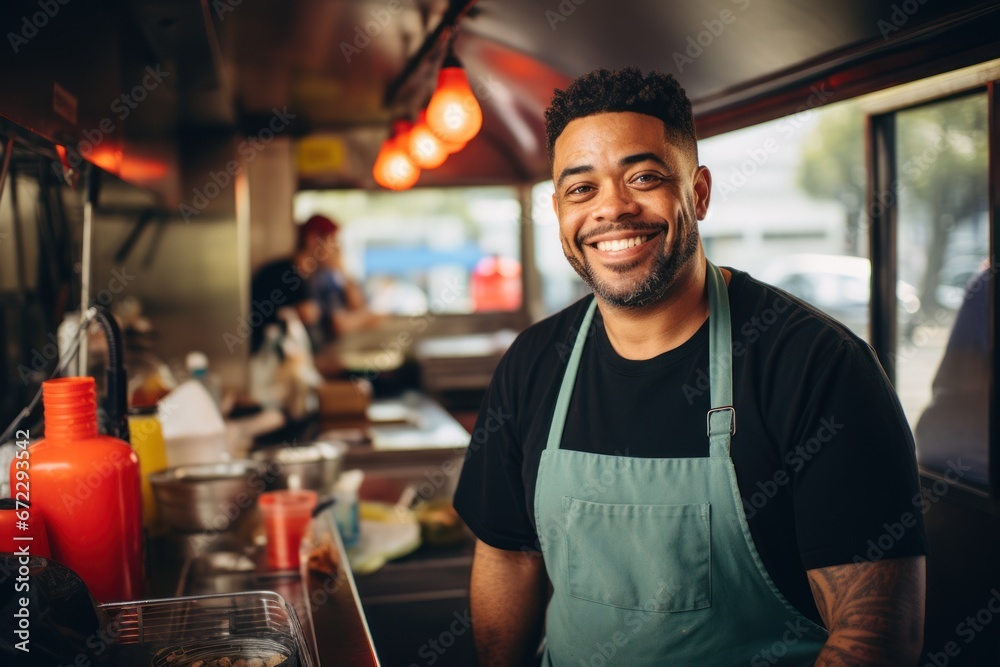 Smiling mid adult male owner looking away while standing in food truck