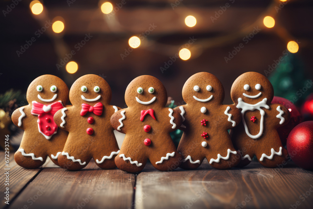 A merry lineup of gingerbread figures stands ready to bring festive cheer. Dressed in their holiday best, with bright eyes and sugary smiles, they stand against a backdrop of twinkling lights A merry lineup of gingerbread figures stands ready to bring festive cheer. Dressed in their holiday best, with bright eyes and sugary smiles, they stand against a backdrop of twinkling lights