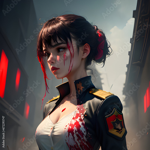 A girl in a military uniform against the background of smoke, sparks, fires