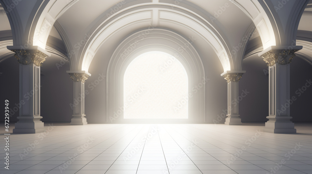Architecture interior background glowing empty arched pass. generative ai