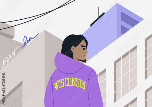 A youthful character strolling alone through the bustling downtown of a city, enveloped by skyscrapers and illuminated by neon signs
