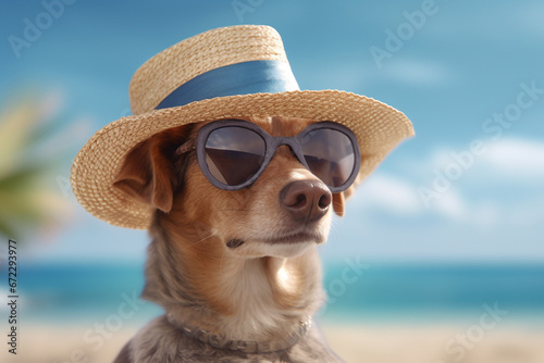 close-up of a dog in a hat and glasses. happy dog on sea vacation. Generative AI