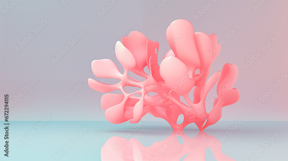 An abstract pink coral with many branches and round leaves resting on the glossy blue surface. Dreamy, minimalistic and surreal feel.