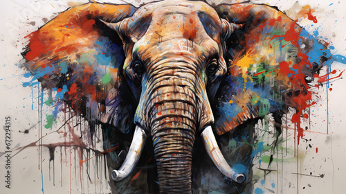  a painting of an elephant with colorful paint splatters. generative ai