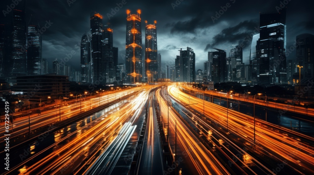 Fototapeta premium traffic on highway at nigh drone view