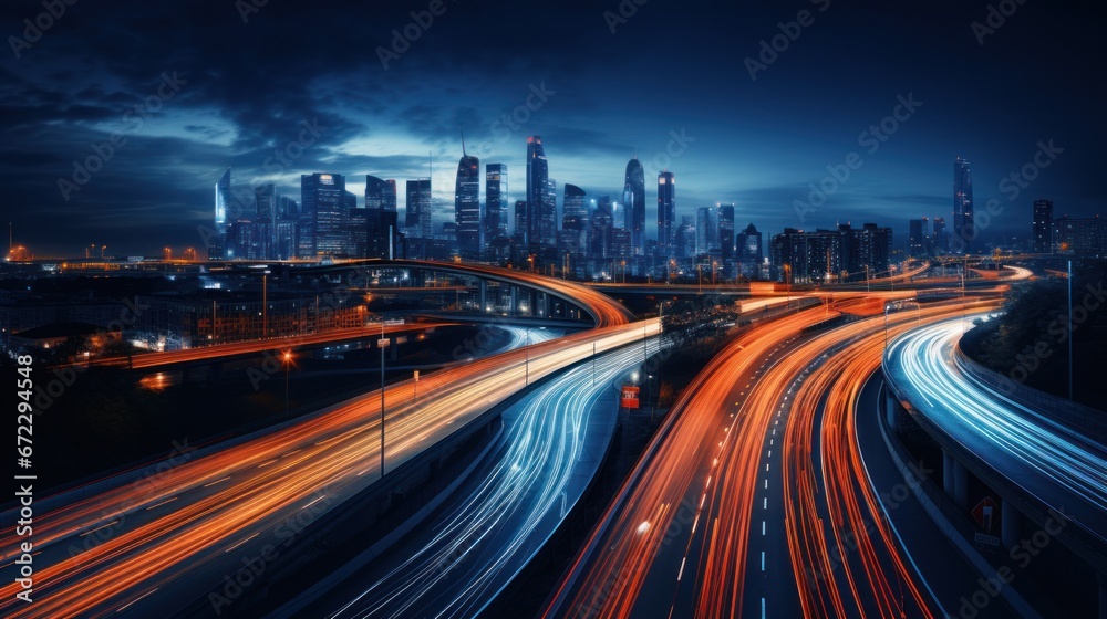 Obraz premium traffic on highway at nigh drone view
