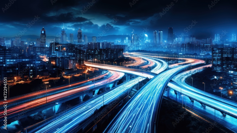 Obraz premium traffic on highway at nigh drone view