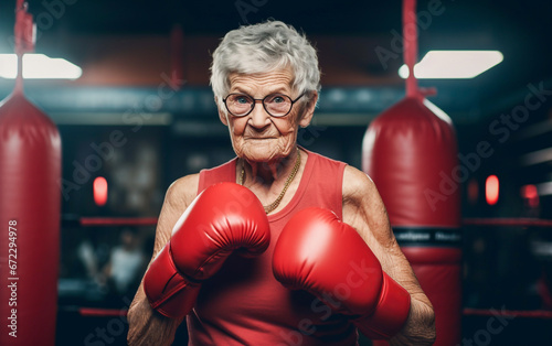 Portrait of a strong elderly woman with boxing gloves in boxing ring at gym © Giordano Aita