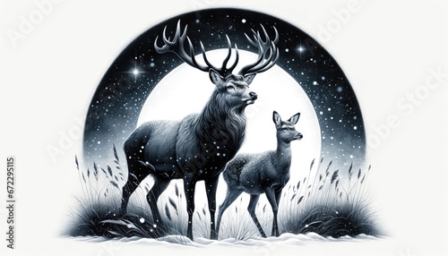 Artistic portrayal of a majestic stag and a graceful doe against a backdrop of a starry winter night.