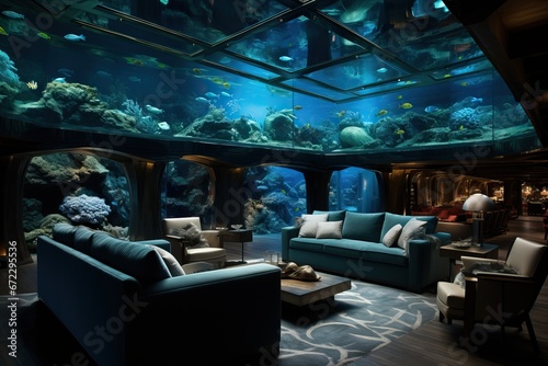 Incredible Photo of a Living Room Underwater with a View of all the fishes, Illuminating the Scene with Sunrays coming from the Big Glass Window. photo