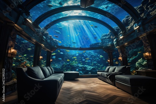 Incredible Photo of a Living Room Underwater with a View of all the fishes, Illuminating the Scene with Sunrays coming from the Big Glass Window.