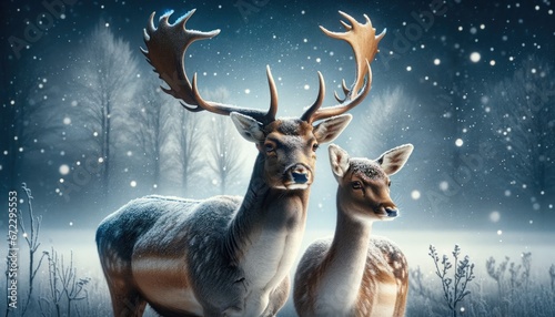 Elevated view of a regal stag and gentle doe, bathed in soft moonlight amidst a snowy landscape.