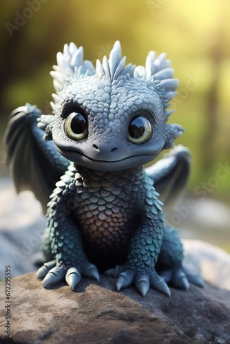 Close up of the Cutest Little Cross between a Dragon and a Lizart. Macro of a Fascinating and Beautiful Baby Creature with Wings Smiling at the Camera with his Big Round Eyes. photo