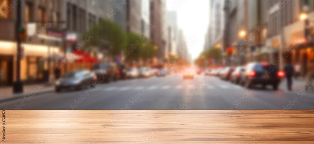 Fototapeta premium Generative AI, Empty wooden table top with blur background of a busy street, big city