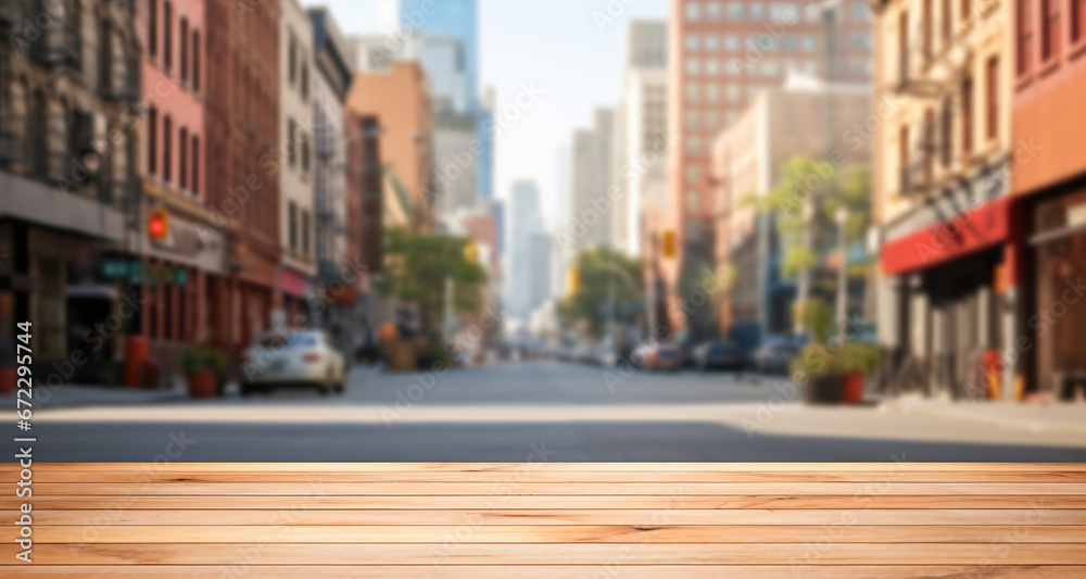 Generative AI, Empty wooden table top with blur background of a busy street, big city Generative AI, Empty wooden table top with blur background of a busy street, big city