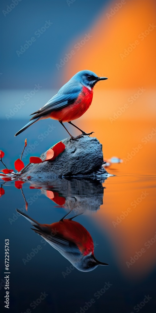 Fascinating Macro of a Blue and Red Malurus splendens next to a Little Water Pond with Rocks and a Colorful background. Vute Bird Next to Water with his Reflection in it. Fascinating Macro of a Blue and Red Malurus splendens next to a Little Water Pond with Rocks and a Colorful background. Vute Bird Next to Water with his Reflection in it.