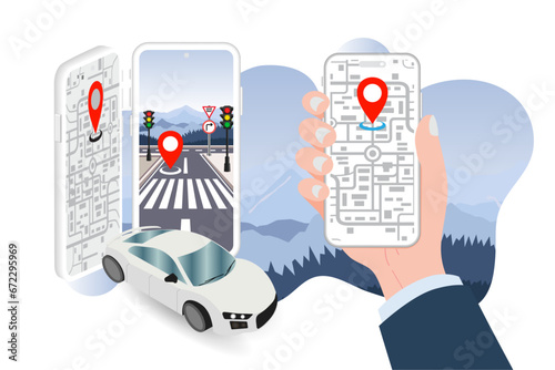 Hand holding a smartphone with an app for a remote connected car-sharing service. The mobile device displays a location mark indicating the presence of a smart electric car in the city. Vector.