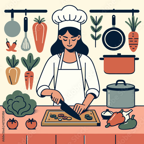 Latina chef in kitchen vector chopping veggies in flat design.
