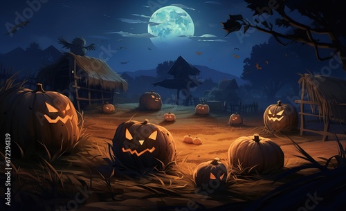 A Photo of an abbandoned Field at night with a Majestic Moon Illuminating the Scene Helped by the  Carved Lit up Pumpkins. photo