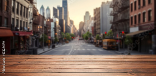 Generative AI, Empty wooden table top with blur background of a busy street, big city