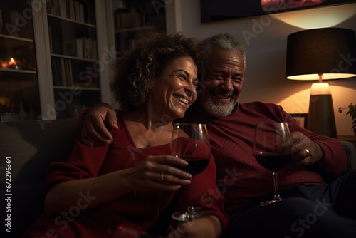 A Happy and Lovely Old Couple Celebrating in their Living Room While Drinking Wine thinking about all the Years Spent Toghether.