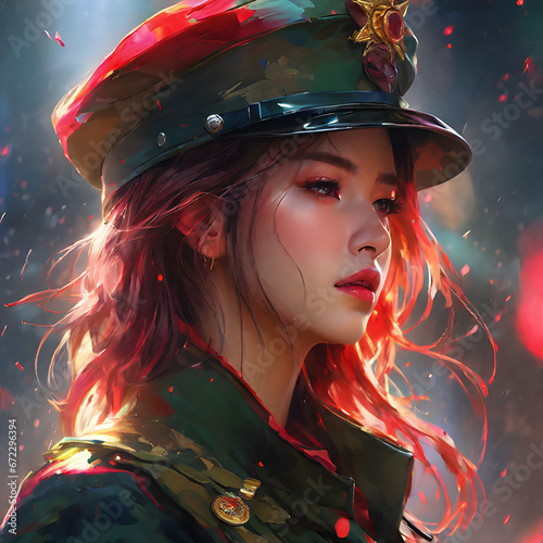A girl in a military uniform against the background of smoke, sparks, fires