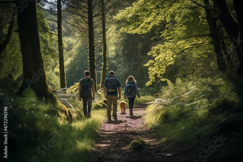 Friends Hiking Through Lush Green Forest