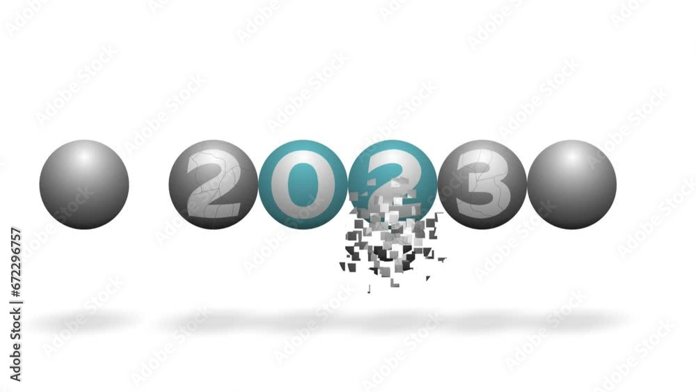 Six beautiful balls with the number 2023 changing to the turquoise 2024 and the text HAPPY NEW YEAR beneath them