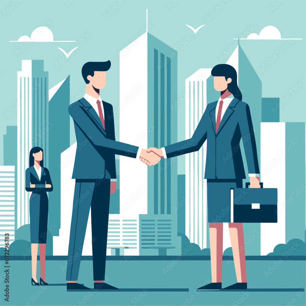 Fototapeta premium Vector business handshake with city skyline backdrop in flat design.