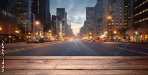 Generative AI, Empty wooden table top with blur background of a busy street, big city © DELstudio