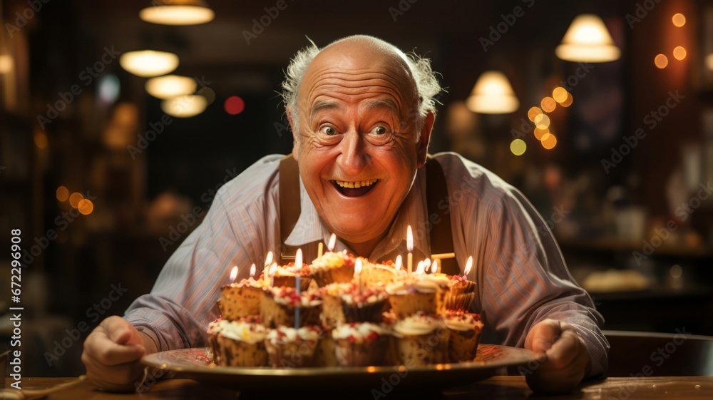 Happy Senior Enjoys Illuminated Birthday Cake with Burning Candles