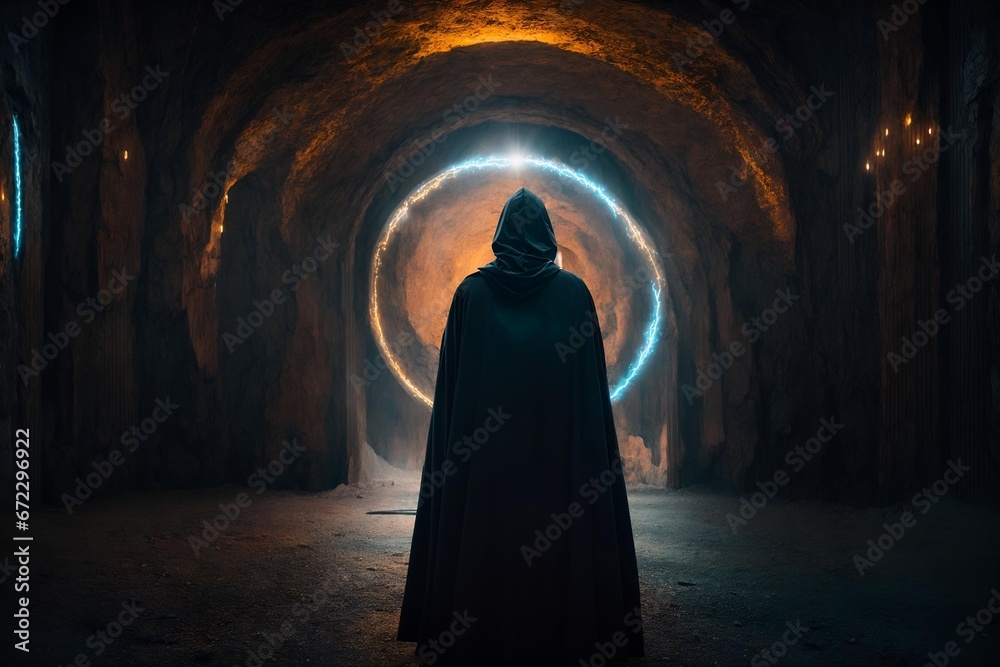 Naklejka premium A mysterious figure in a dark cloak